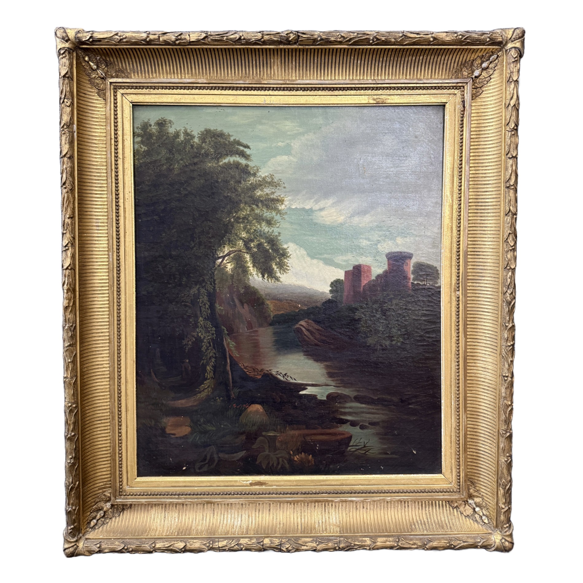 Antique c1875 River Landscape Oil on Canvas Antique c1875 River Landscape Oil on Canvas