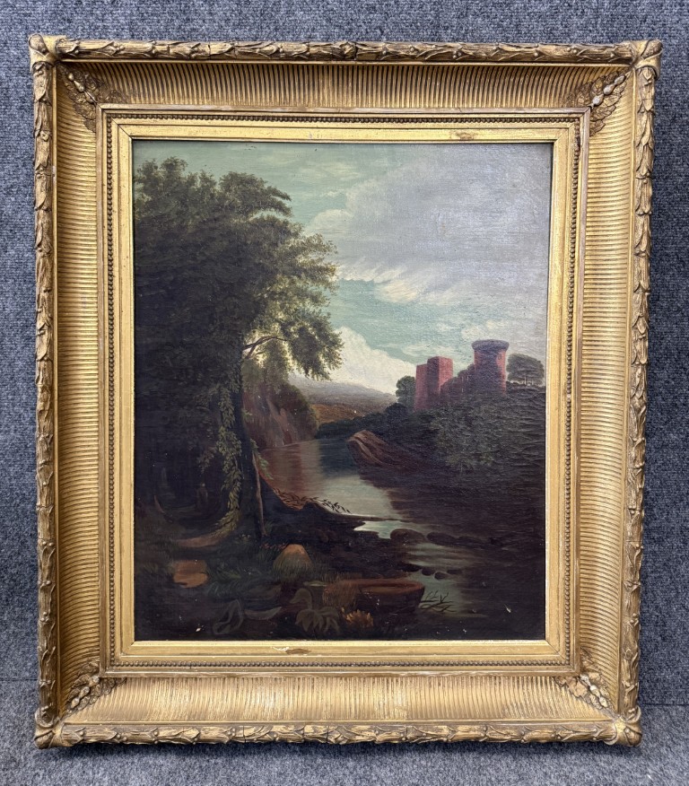 Antique c1875 River Landscape Oil on Canvas Antique c1875 River Landscape Oil on Canvas