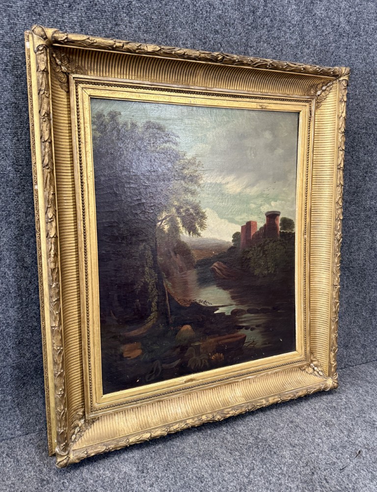 Antique c1875 River Landscape Oil on Canvas Antique c1875 River Landscape Oil on Canvas