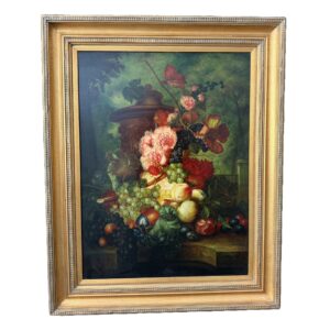 Large Still Life Oil on Canvas with Fruit and Flowers in Deepwell Frame