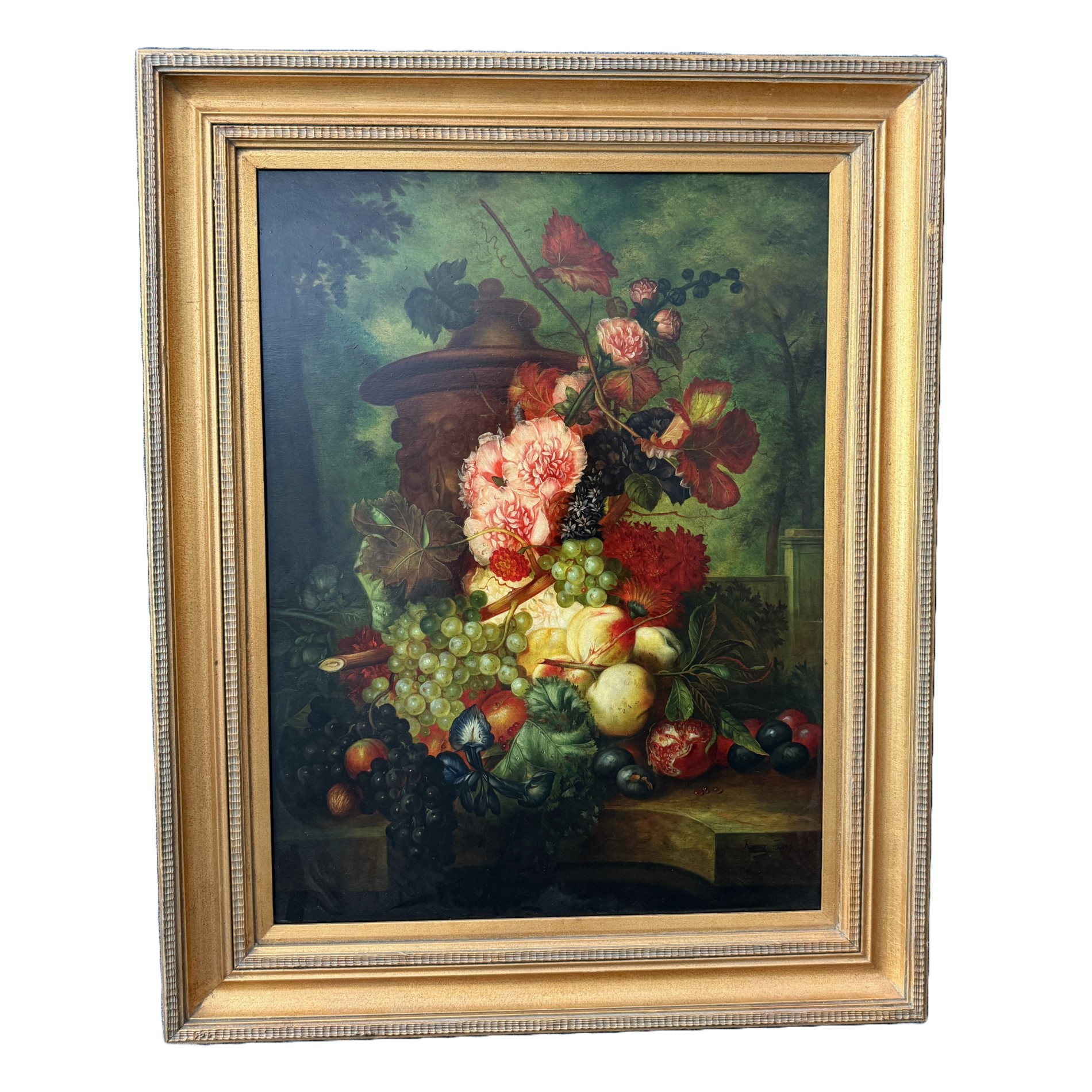 Large Still Life Oil on Canvas with Fruit and Flowers in Deepwell Frame Large Still Life Oil on Canvas with Fruit and Flowers in Deepwell Frame