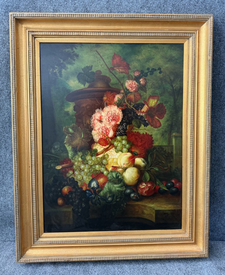 Large Still Life Oil on Canvas with Fruit and Flowers in Deepwell Frame Large Still Life Oil on Canvas with Fruit and Flowers in Deepwell Frame