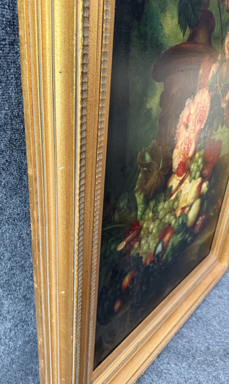 Large Still Life Oil on Canvas with Fruit and Flowers in Deepwell Frame Large Still Life Oil on Canvas with Fruit and Flowers in Deepwell Frame