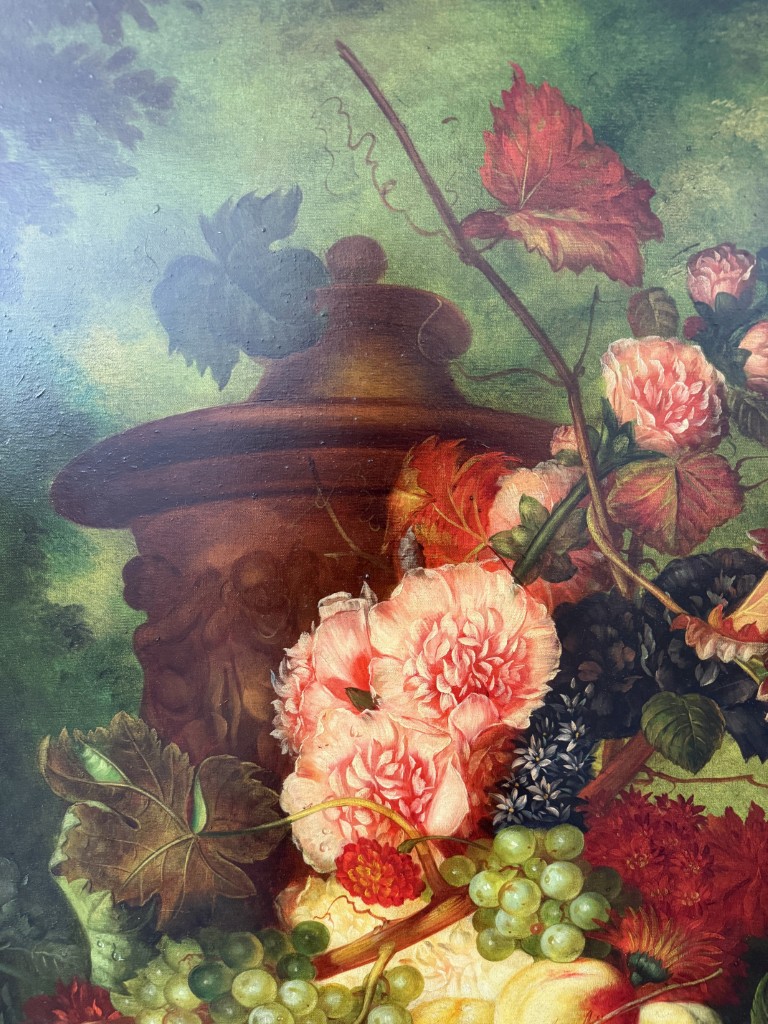 Large Still Life Oil on Canvas with Fruit and Flowers in Deepwell Frame Large Still Life Oil on Canvas with Fruit and Flowers in Deepwell Frame