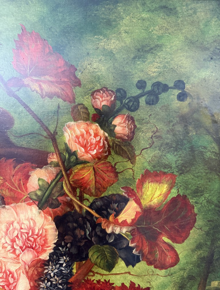 Large Still Life Oil on Canvas with Fruit and Flowers in Deepwell Frame Large Still Life Oil on Canvas with Fruit and Flowers in Deepwell Frame