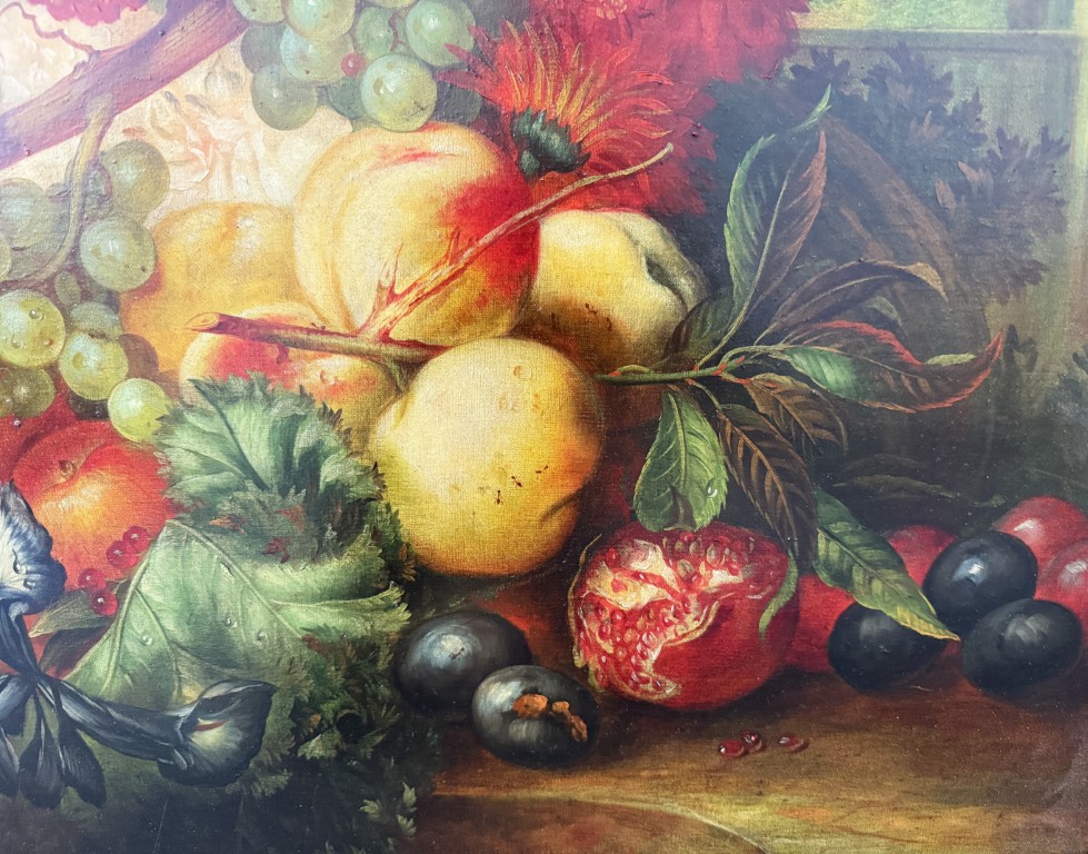 Large Still Life Oil on Canvas with Fruit and Flowers in Deepwell Frame Large Still Life Oil on Canvas with Fruit and Flowers in Deepwell Frame