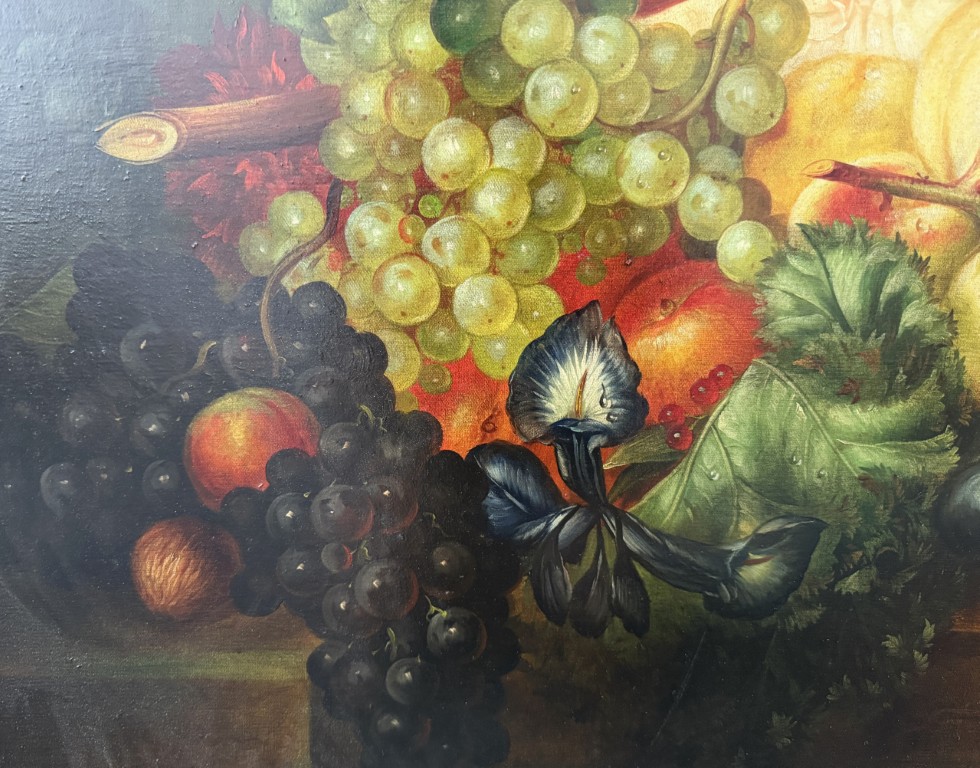 Large Still Life Oil on Canvas with Fruit and Flowers in Deepwell Frame Large Still Life Oil on Canvas with Fruit and Flowers in Deepwell Frame