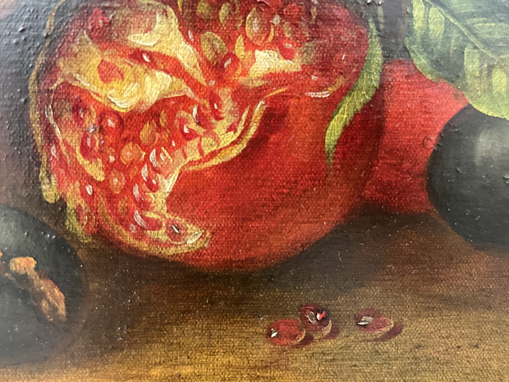 Large Still Life Oil on Canvas with Fruit and Flowers in Deepwell Frame Large Still Life Oil on Canvas with Fruit and Flowers in Deepwell Frame