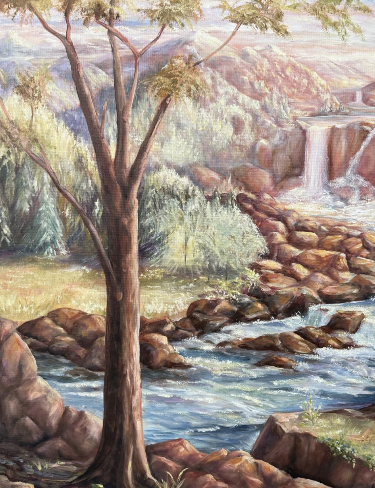 "The Way It Was" Oil on Canvas of Waterfall Landscape by V. Fox "The Way It Was" Oil on Canvas of Waterfall Landscape by V. Fox