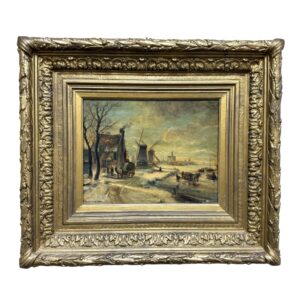 Antique Oil on Board of Winter Village Scene in Deepwell Gold Frame