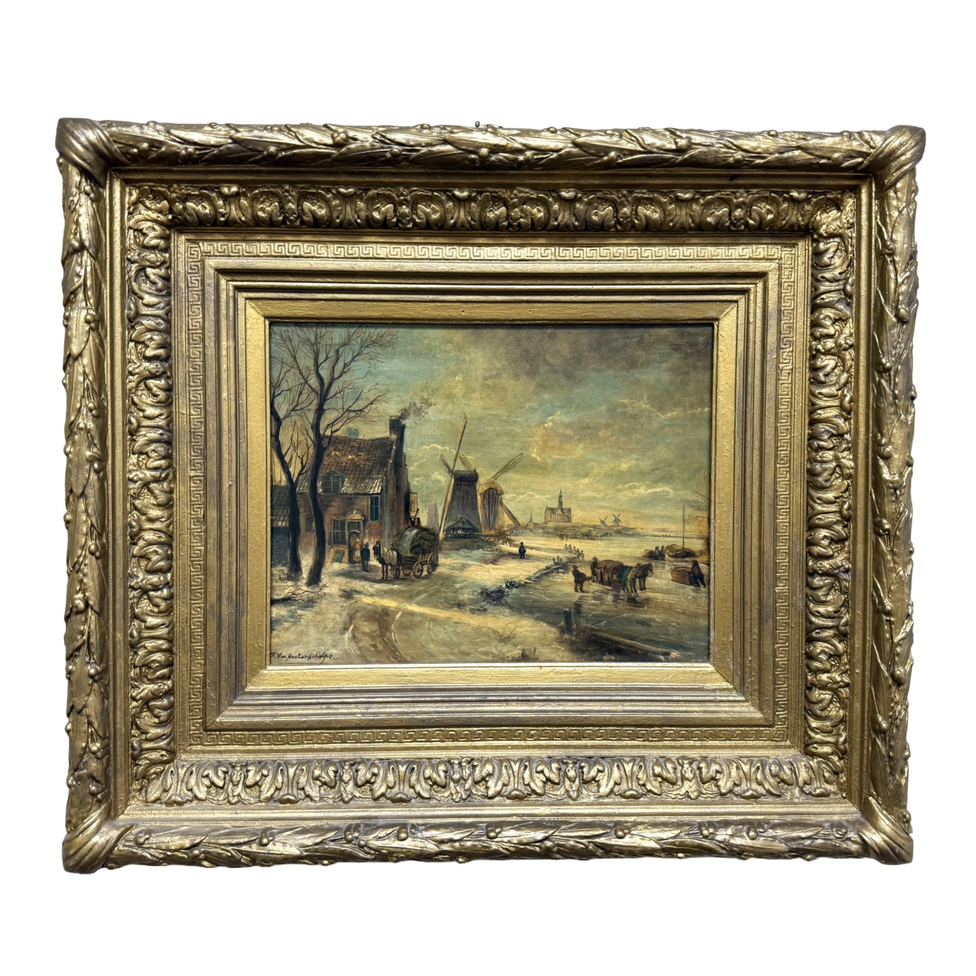 Antique Oil on Board of Winter Village Scene in Deepwell Gold Frame Antique Oil on Board of Winter Village Scene in Deepwell Gold Frame