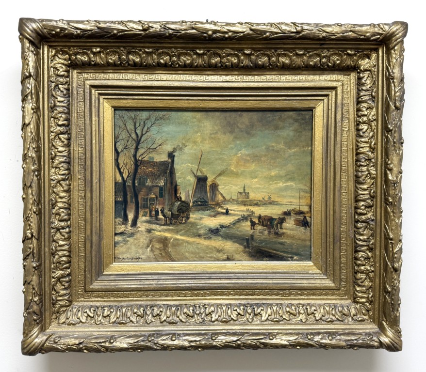 Antique Oil on Board of Winter Village Scene in Deepwell Gold Frame Antique Oil on Board of Winter Village Scene in Deepwell Gold Frame