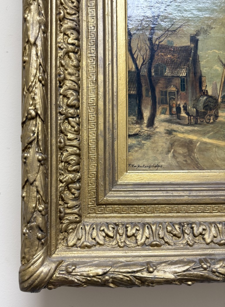 Antique Oil on Board of Winter Village Scene in Deepwell Gold Frame Antique Oil on Board of Winter Village Scene in Deepwell Gold Frame