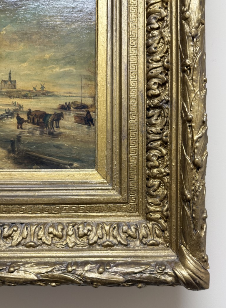 Antique Oil on Board of Winter Village Scene in Deepwell Gold Frame Antique Oil on Board of Winter Village Scene in Deepwell Gold Frame