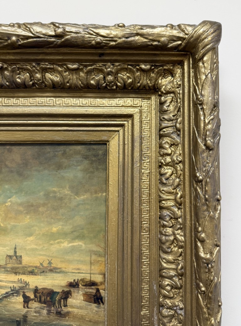 Antique Oil on Board of Winter Village Scene in Deepwell Gold Frame Antique Oil on Board of Winter Village Scene in Deepwell Gold Frame