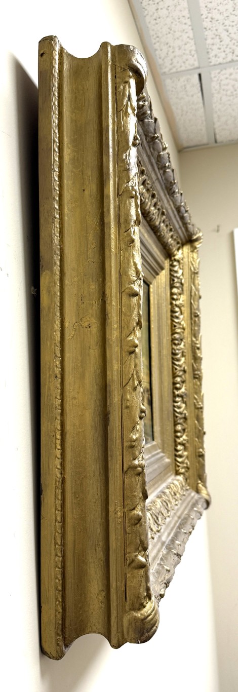 Antique Oil on Board of Winter Village Scene in Deepwell Gold Frame Antique Oil on Board of Winter Village Scene in Deepwell Gold Frame