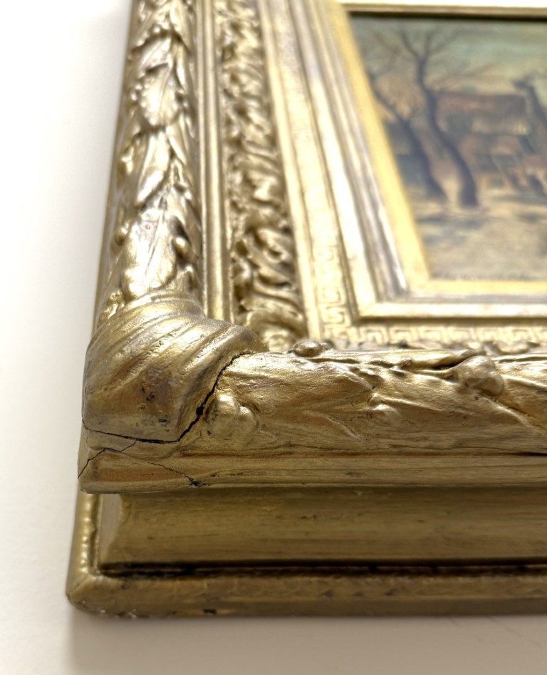 Antique Oil on Board of Winter Village Scene in Deepwell Gold Frame Antique Oil on Board of Winter Village Scene in Deepwell Gold Frame
