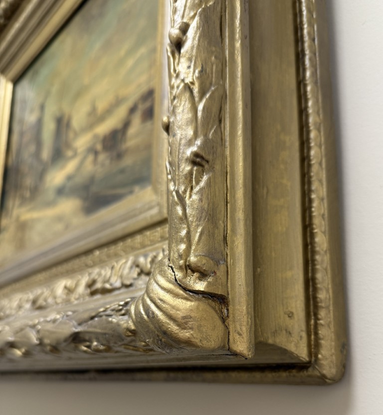 Antique Oil on Board of Winter Village Scene in Deepwell Gold Frame Antique Oil on Board of Winter Village Scene in Deepwell Gold Frame