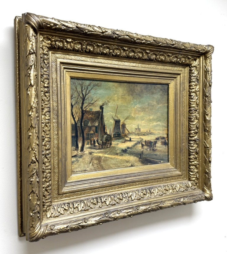 Antique Oil on Board of Winter Village Scene in Deepwell Gold Frame Antique Oil on Board of Winter Village Scene in Deepwell Gold Frame