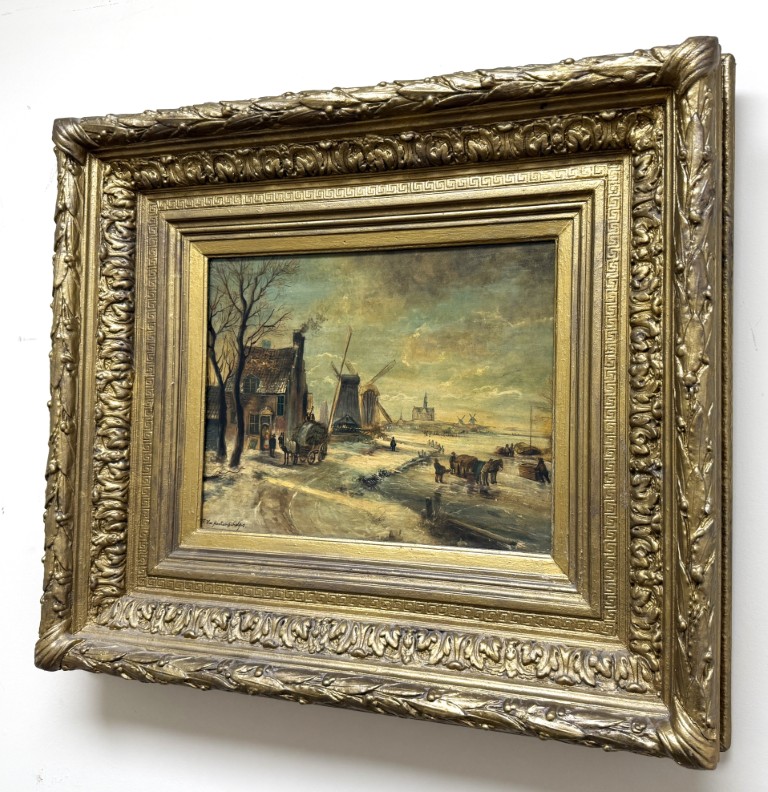 Antique Oil on Board of Winter Village Scene in Deepwell Gold Frame Antique Oil on Board of Winter Village Scene in Deepwell Gold Frame