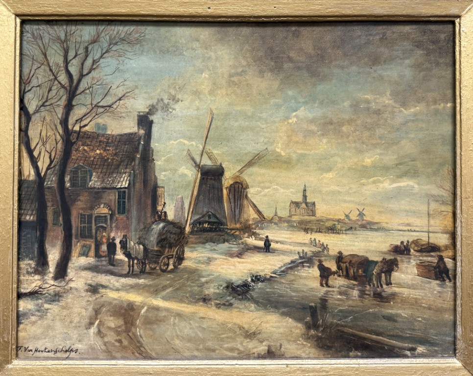 Antique Oil on Board of Winter Village Scene in Deepwell Gold Frame Antique Oil on Board of Winter Village Scene in Deepwell Gold Frame