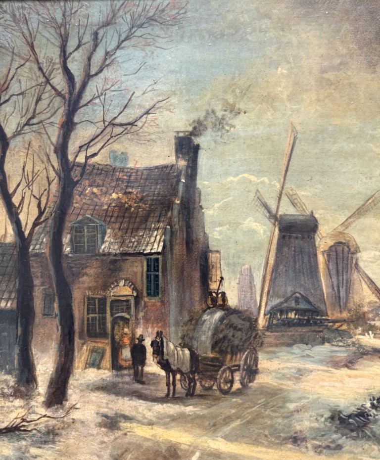 Antique Oil on Board of Winter Village Scene in Deepwell Gold Frame Antique Oil on Board of Winter Village Scene in Deepwell Gold Frame