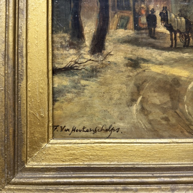 Antique Oil on Board of Winter Village Scene in Deepwell Gold Frame Antique Oil on Board of Winter Village Scene in Deepwell Gold Frame