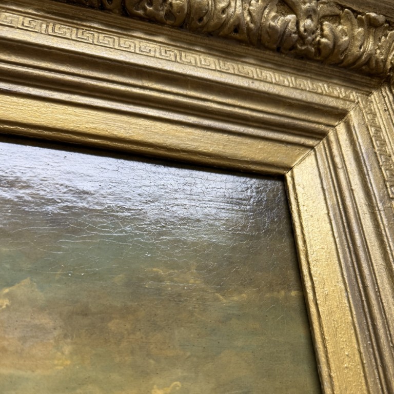 Antique Oil on Board of Winter Village Scene in Deepwell Gold Frame Antique Oil on Board of Winter Village Scene in Deepwell Gold Frame