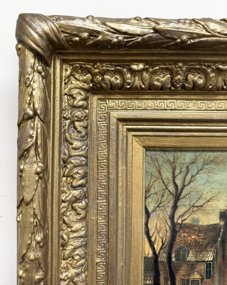 Antique Oil on Board of Winter Village Scene in Deepwell Gold Frame Antique Oil on Board of Winter Village Scene in Deepwell Gold Frame
