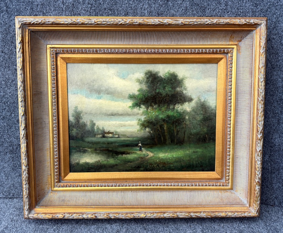 W. Eddie Signed Oil Painting of Figure in Countryside Landscape W. Eddie Signed Oil Painting of Figure in Countryside Landscape