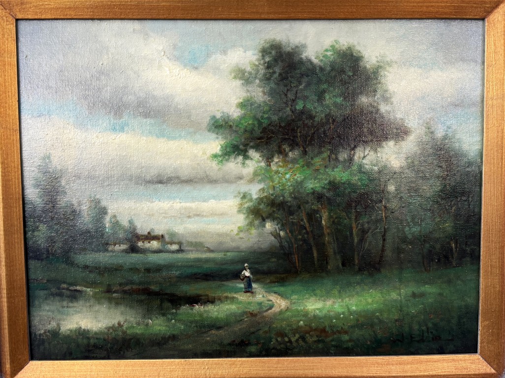 W. Eddie Signed Oil Painting of Figure in Countryside Landscape W. Eddie Signed Oil Painting of Figure in Countryside Landscape