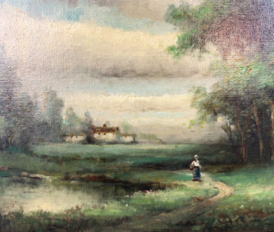 W. Eddie Signed Oil Painting of Figure in Countryside Landscape W. Eddie Signed Oil Painting of Figure in Countryside Landscape