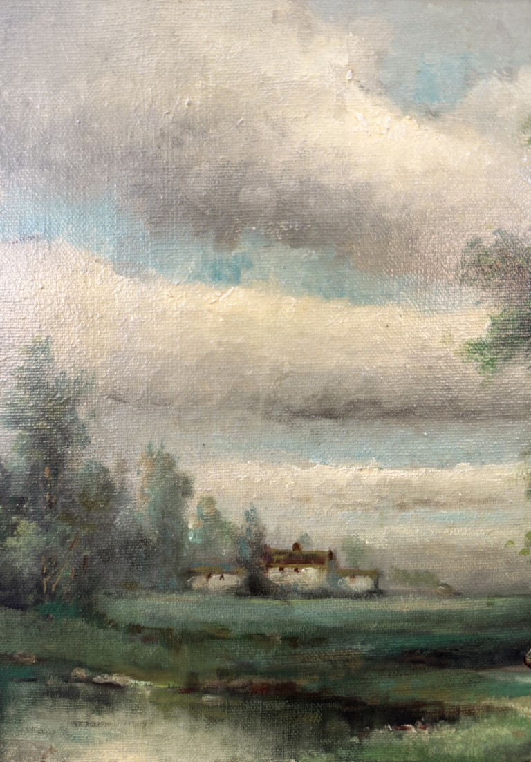 W. Eddie Signed Oil Painting of Figure in Countryside Landscape W. Eddie Signed Oil Painting of Figure in Countryside Landscape