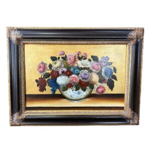 Original Floral Still Life Oil on Canvas with Reflective Gold Background Signed Norka