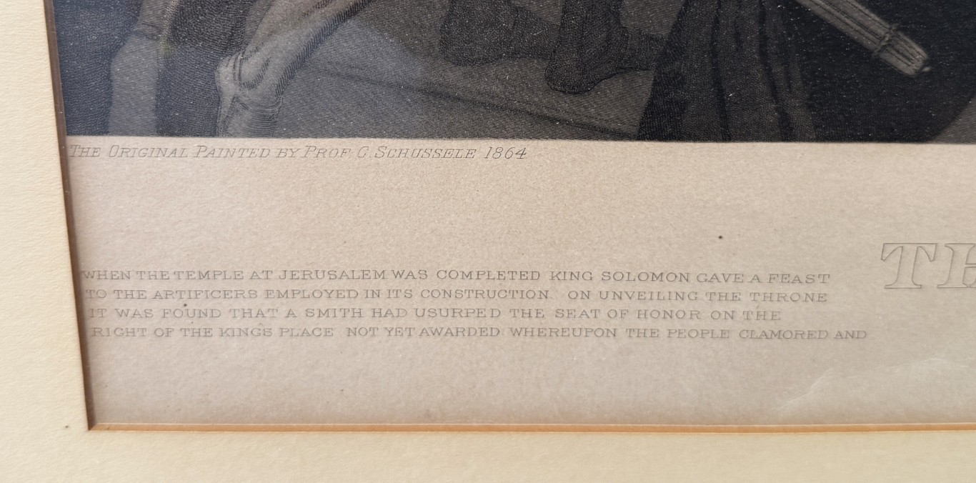1876 Engraving of "The Iron Worker and King Solomon" by John Sartain after Christian Schuessele 1876 Engraving of "The Iron Worker and King Solomon" by John Sartain after Christian Schuessele