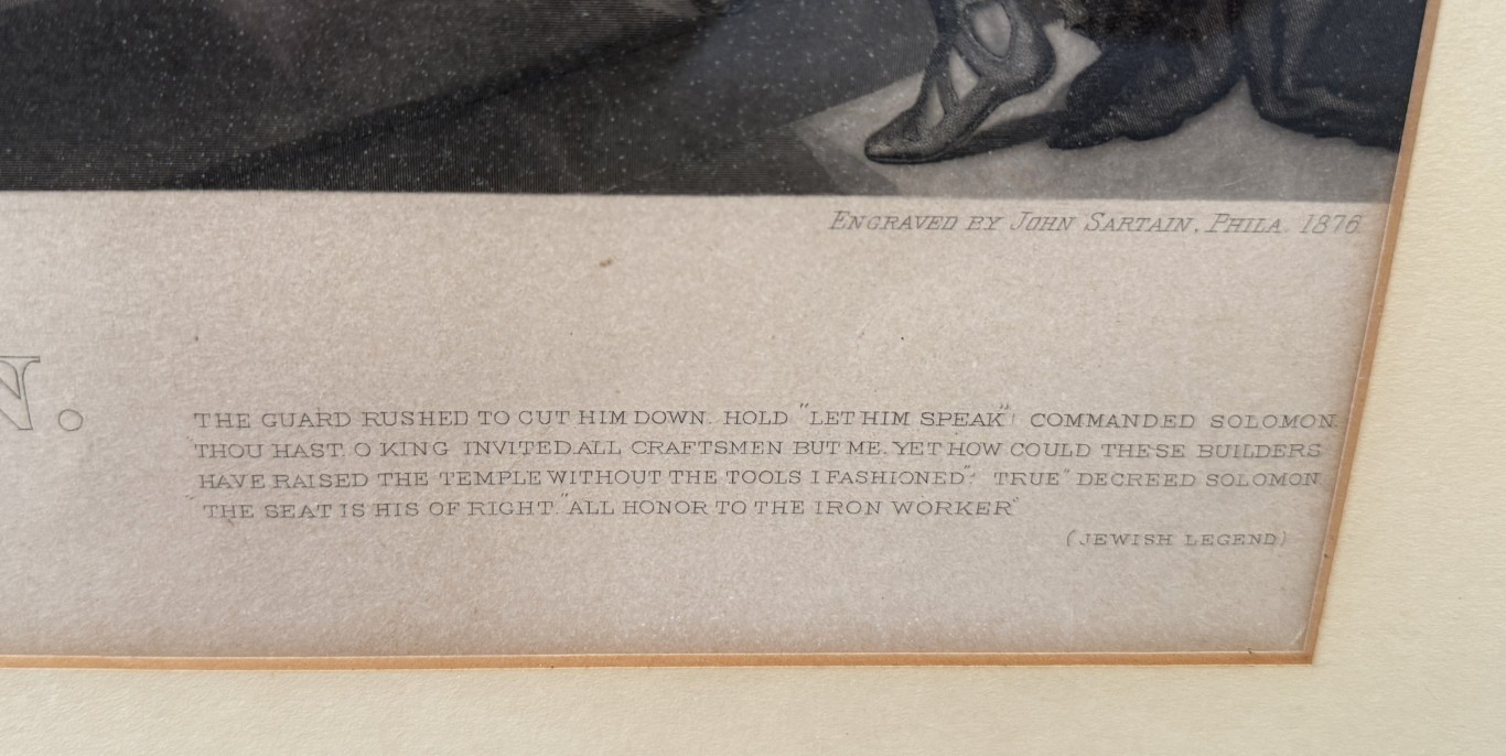 1876 Engraving of "The Iron Worker and King Solomon" by John Sartain after Christian Schuessele 1876 Engraving of "The Iron Worker and King Solomon" by John Sartain after Christian Schuessele