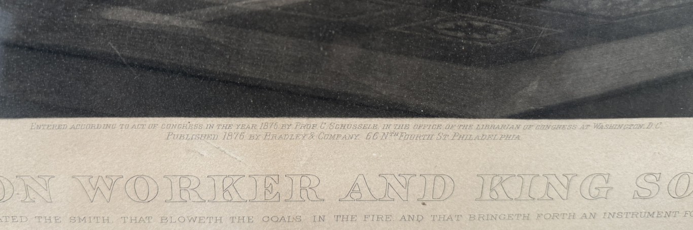 1876 Engraving of "The Iron Worker and King Solomon" by John Sartain after Christian Schuessele 1876 Engraving of "The Iron Worker and King Solomon" by John Sartain after Christian Schuessele