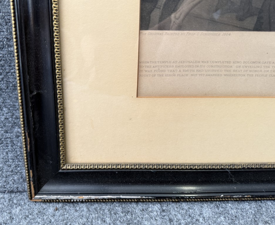 1876 Engraving of "The Iron Worker and King Solomon" by John Sartain after Christian Schuessele 1876 Engraving of "The Iron Worker and King Solomon" by John Sartain after Christian Schuessele