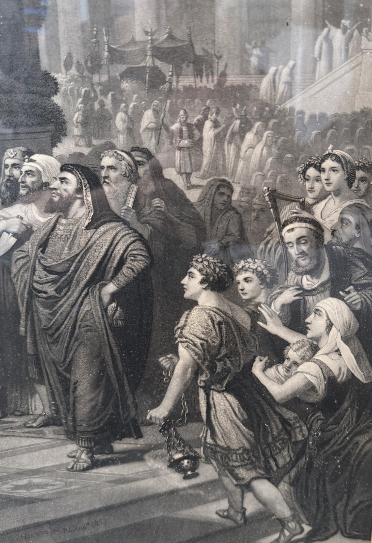 1876 Engraving of "The Iron Worker and King Solomon" by John Sartain after Christian Schuessele 1876 Engraving of "The Iron Worker and King Solomon" by John Sartain after Christian Schuessele