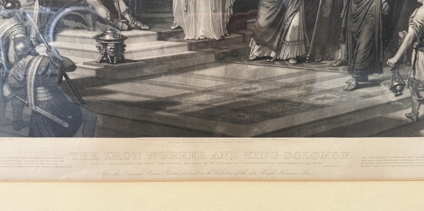 1876 Engraving of "The Iron Worker and King Solomon" by John Sartain after Christian Schuessele 1876 Engraving of "The Iron Worker and King Solomon" by John Sartain after Christian Schuessele