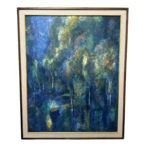 Abstract Boat on River Scene Textured Lithograph on Board