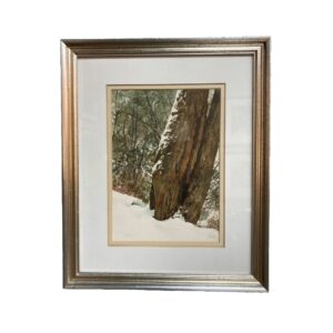 Original Signed Realism Watercolor Painting of Tree in Winter Landscape