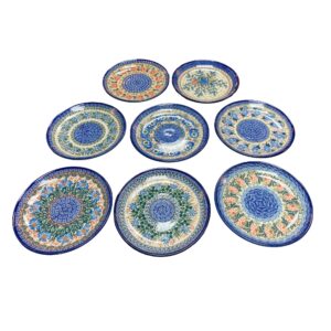 Set of Eight Varied Polish Pottery Unikat Dinner Plates