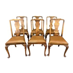 Set of 6 Burl Walnut Dining Chairs with Leather Seats