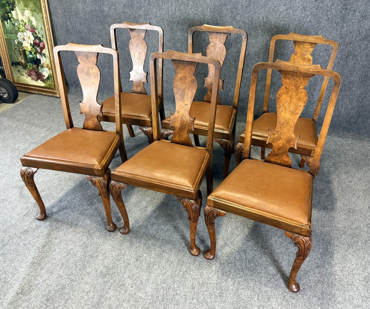 Set of 6 Burl Walnut Dining Chairs with Leather Seats Set of 6 Burl Walnut Dining Chairs with Leather Seats