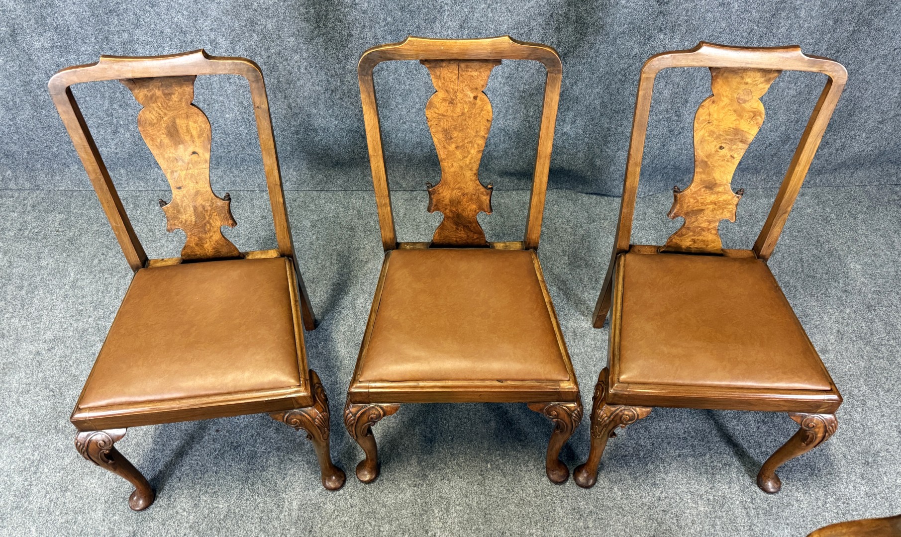 Set of 6 Burl Walnut Dining Chairs with Leather Seats Set of 6 Burl Walnut Dining Chairs with Leather Seats