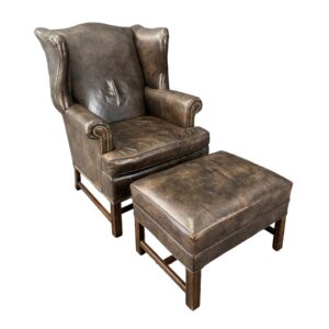 Ethan Allen Leather Chippendale Wingback and Ottoman