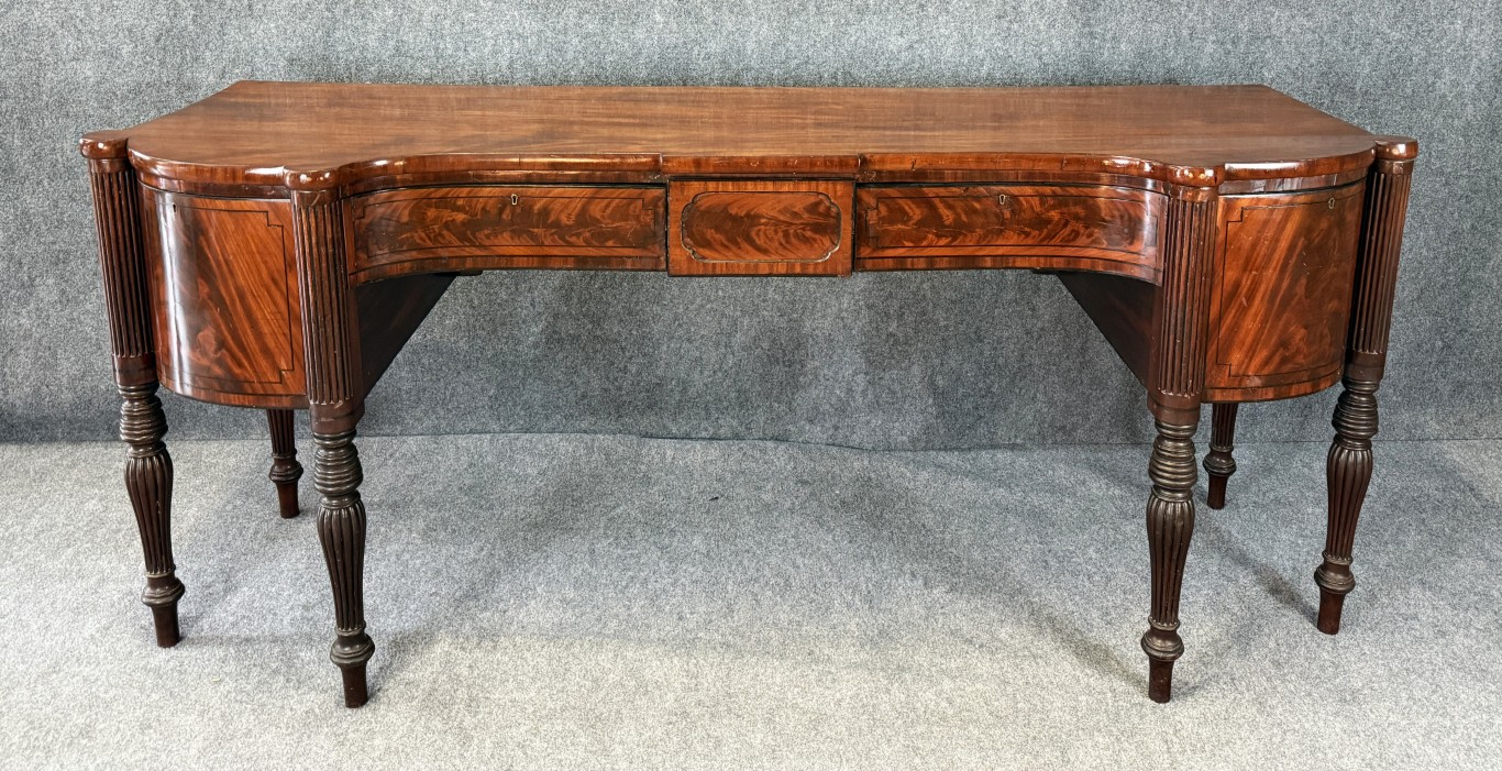 Monumental 18th Century Flamed Mahogany Sheraton Style Sideboard Monumental 18th Century Flamed Mahogany Sheraton Style Sideboard