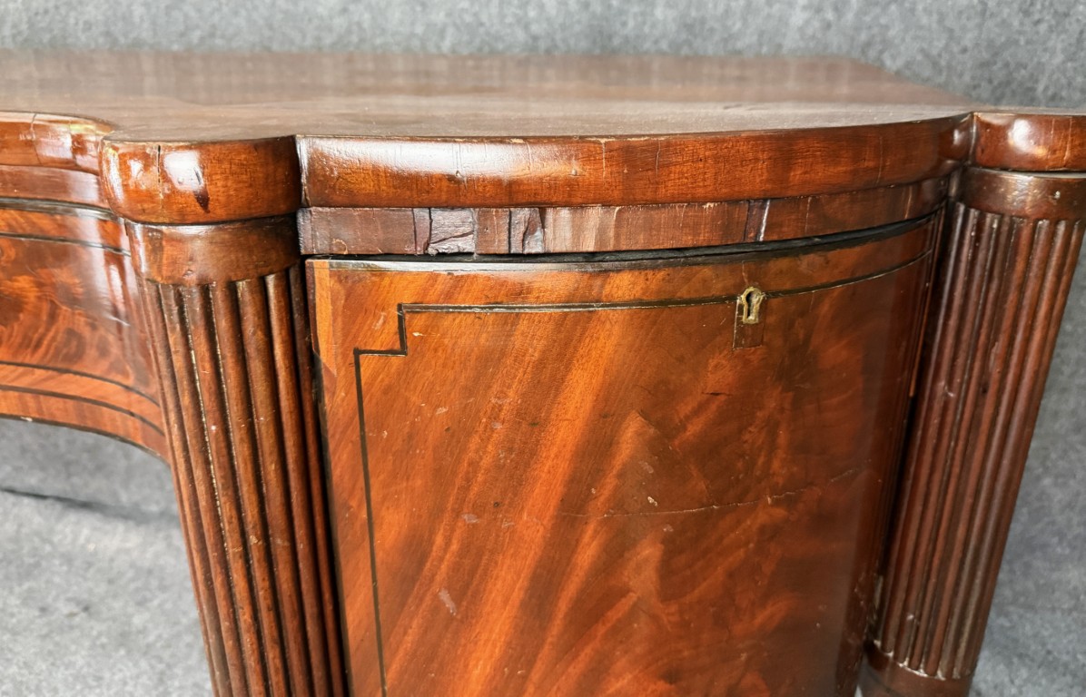 Monumental 18th Century Flamed Mahogany Sheraton Style Sideboard Monumental 18th Century Flamed Mahogany Sheraton Style Sideboard