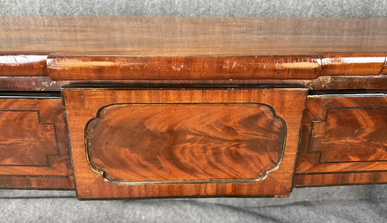 Monumental 18th Century Flamed Mahogany Sheraton Style Sideboard Monumental 18th Century Flamed Mahogany Sheraton Style Sideboard